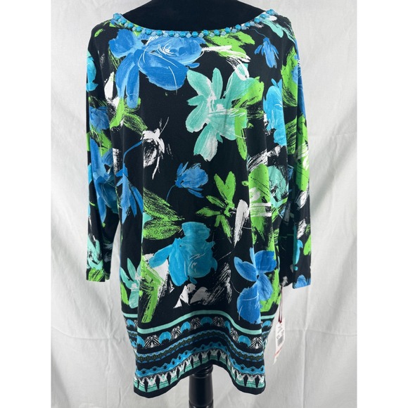 Ruby Rd. Tops - Ruby Rd Woman 2X Floral Knit Top Blue Green Beaded Neck 3/4 Sleeve 95657 NEW